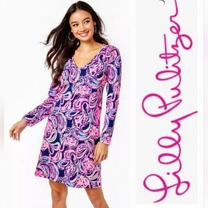 Lilly Pulitzer Etta T-Shirt Dress in High Tide Navy Flock to the Top Print Sz M